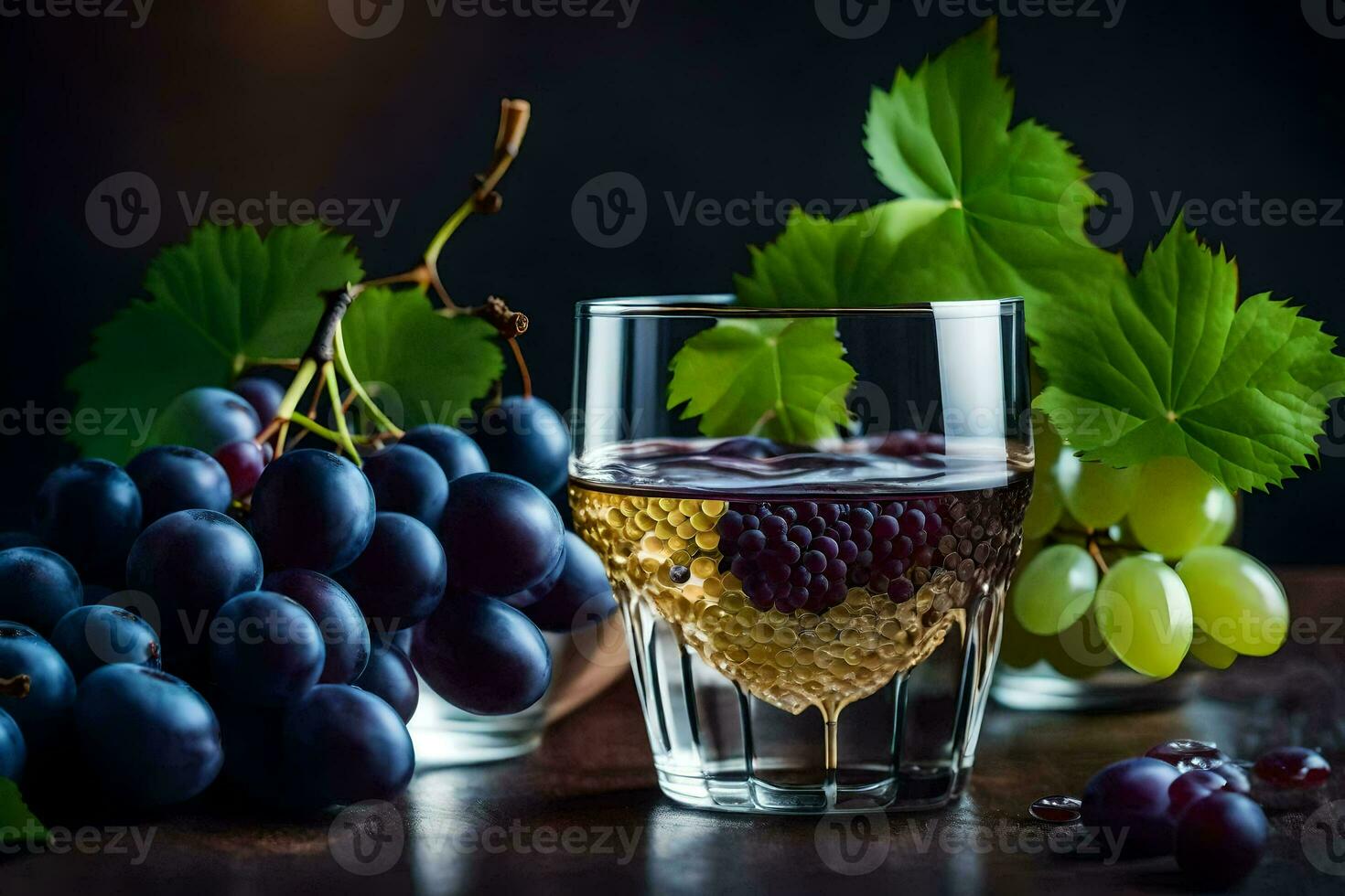 grapes and wine in a glass on a dark table. AI-Generated photo