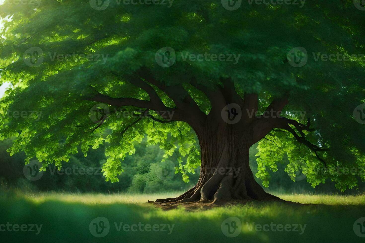 a large tree in the middle of a green field. AI-Generated photo