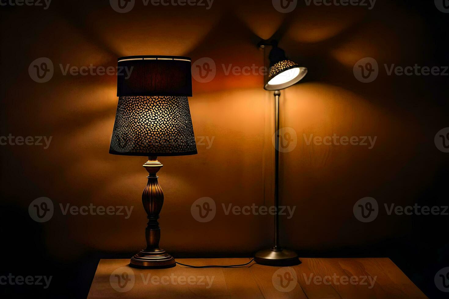 a lamp and a table in the dark. AI-Generated photo