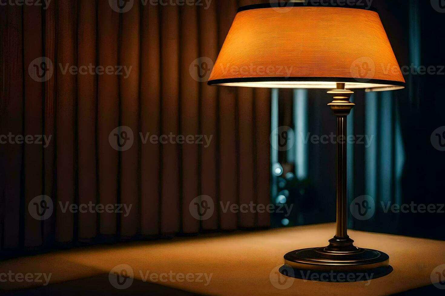 a lamp is on a table in front of a curtain. AI-Generated photo