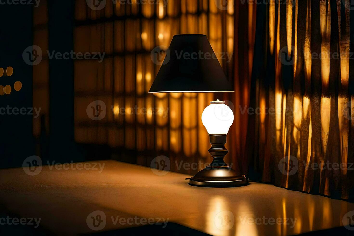 a lamp is on a table in front of curtains. AI-Generated photo