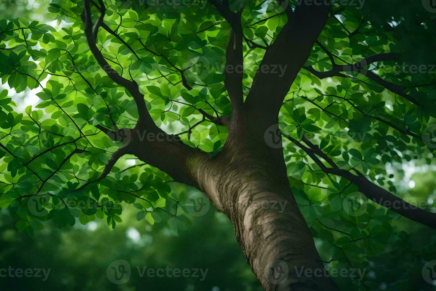 a tree with green leaves in the forest. AI-Generated photo