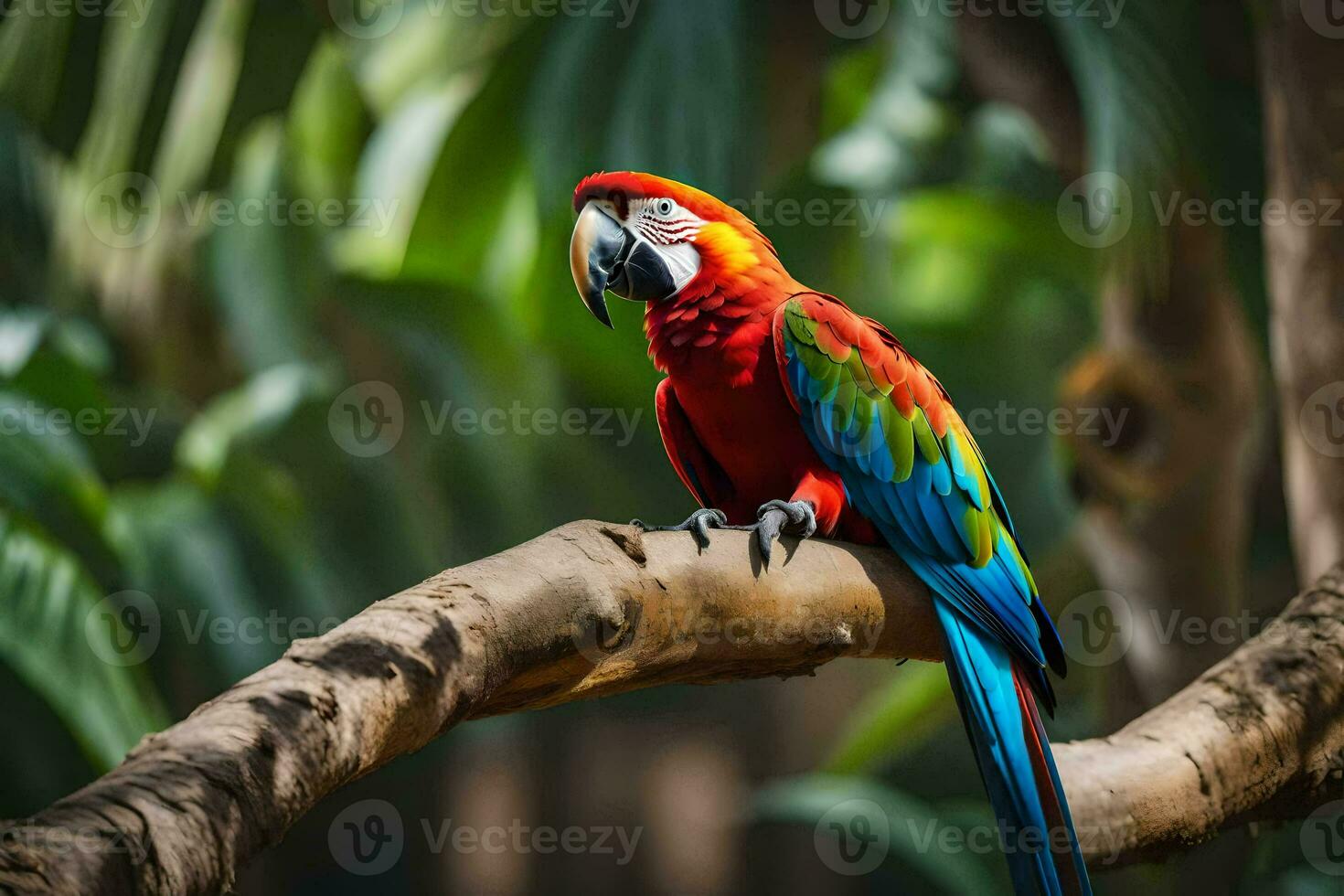 a colorful parrot sits on a branch in the jungle. AI-Generated photo