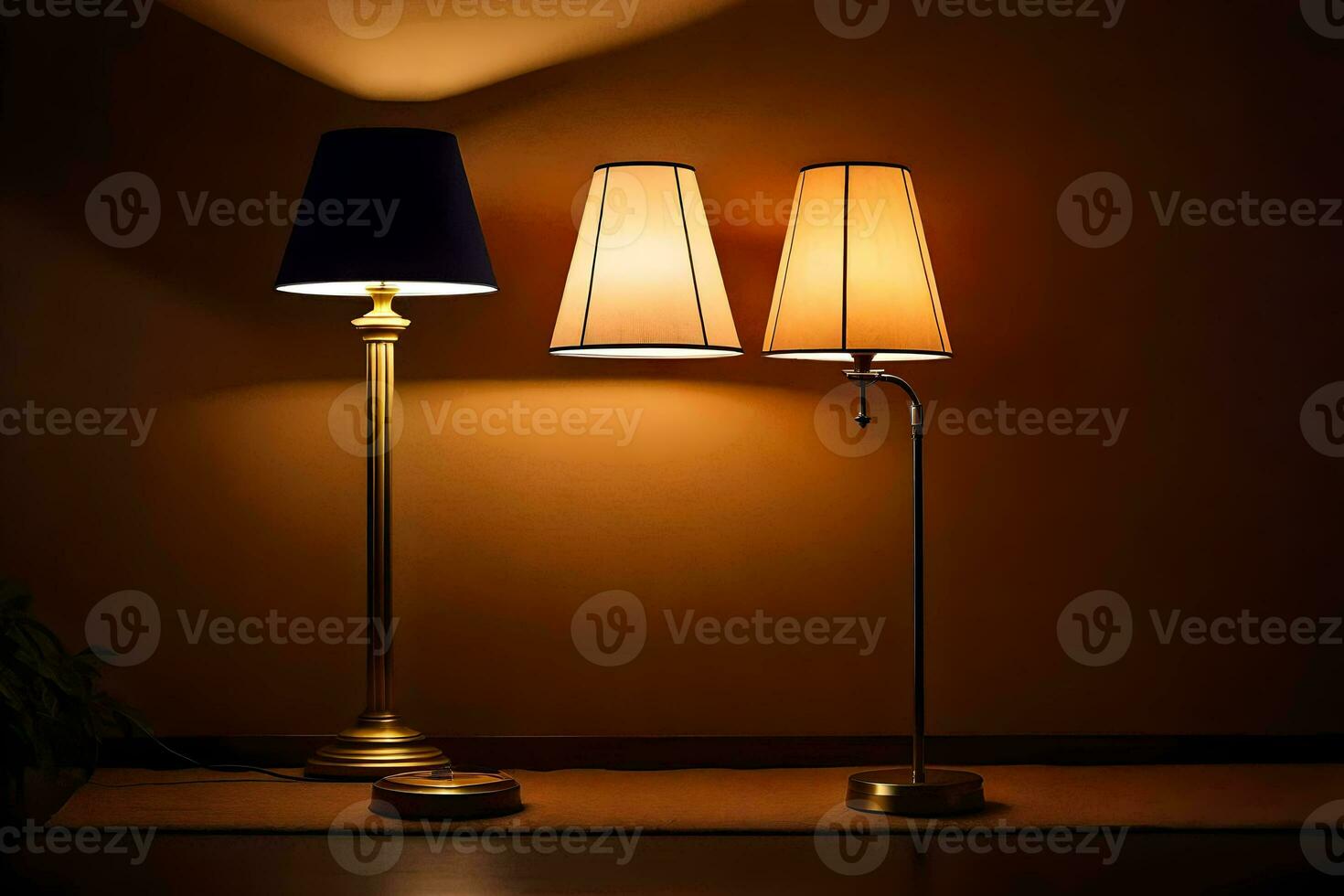 two lamps are on a table in front of a wall. AI-Generated photo