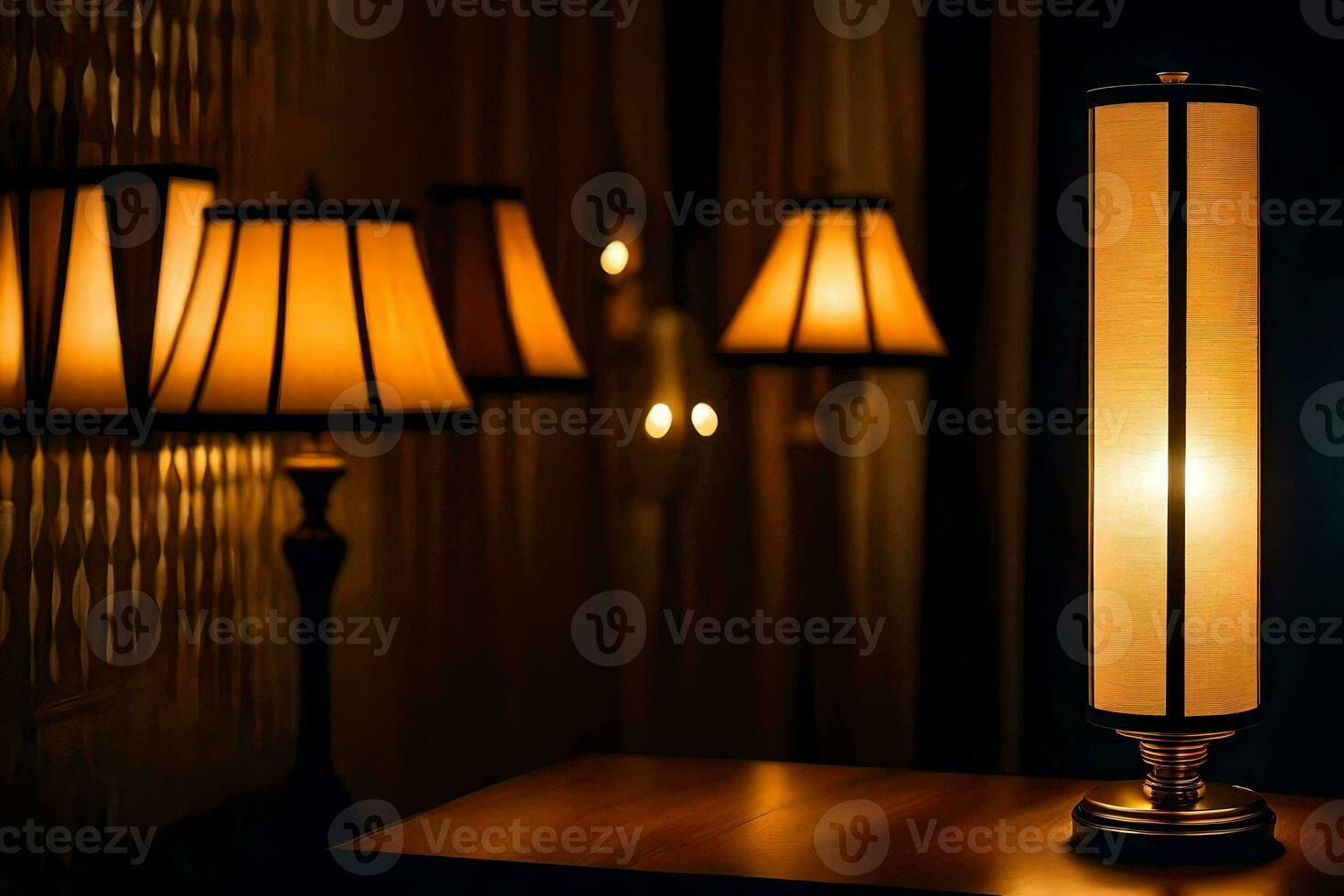 a lamp is sitting on a table in front of a wall. AI-Generated photo