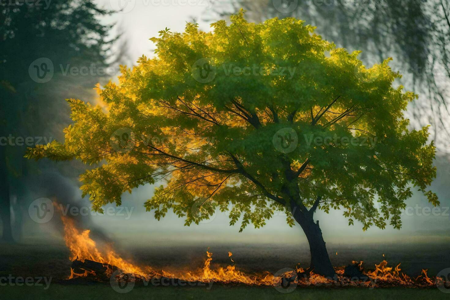 a tree is burning in the middle of a field. AI-Generated photo