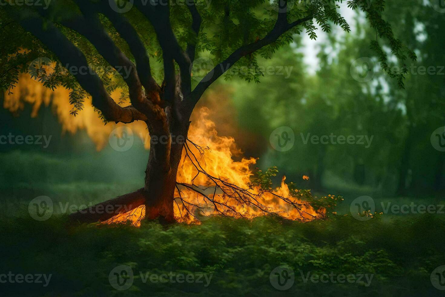 a tree with flames coming out of it in the middle of the forest. AI-Generated photo