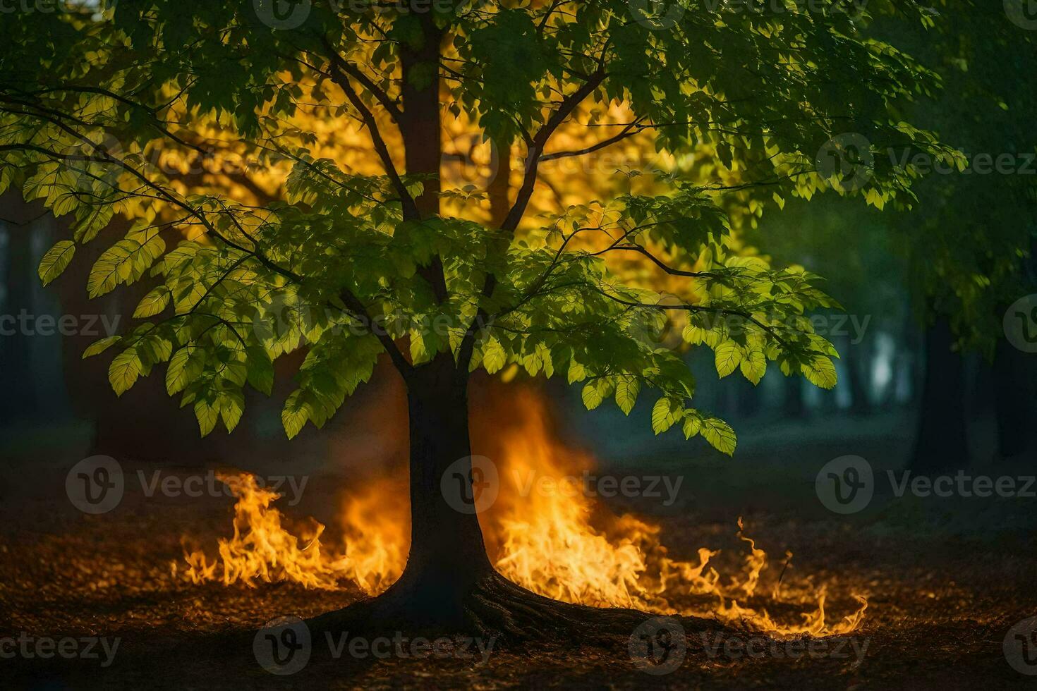 a tree with flames coming out of it in the middle of the forest. AI-Generated photo