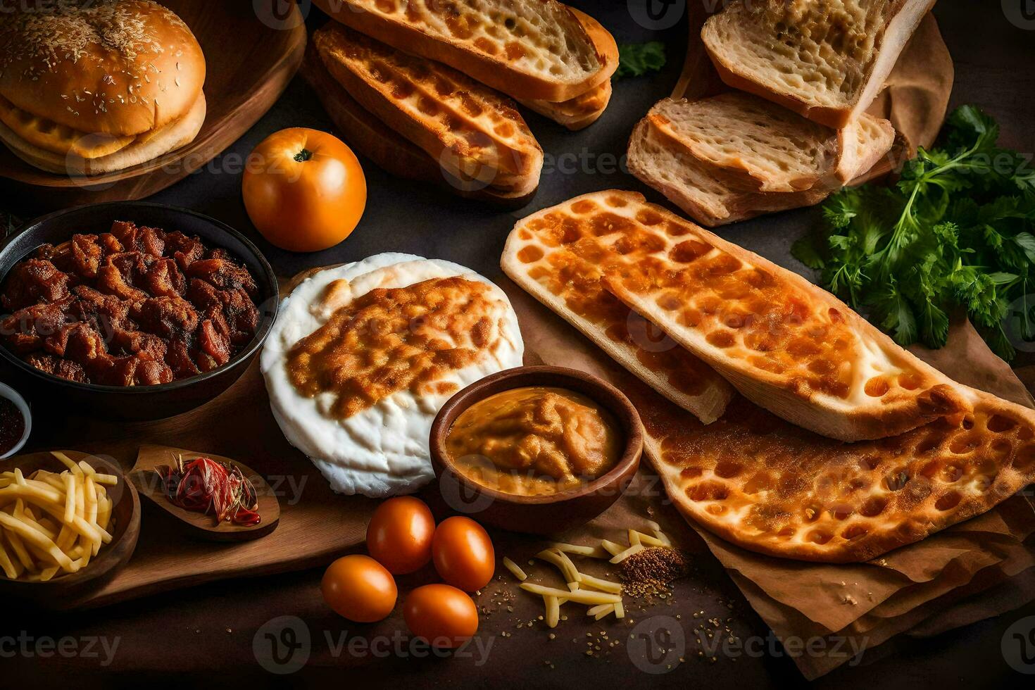 various foods including bread, cheese, and other ingredients. AI-Generated photo