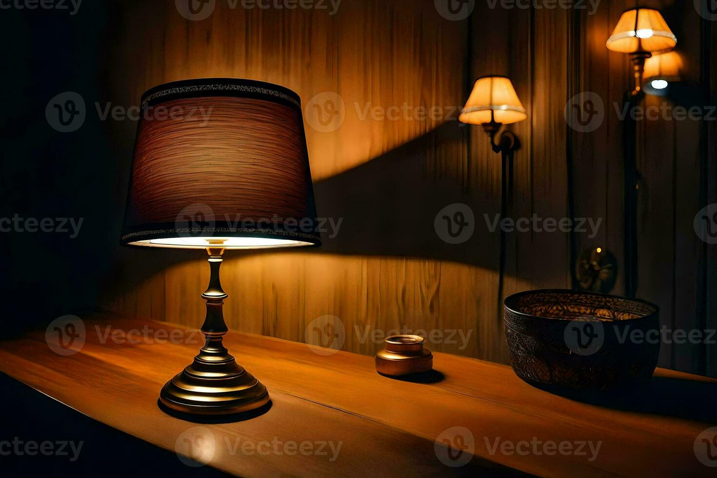 a lamp on a table in a dark room. AI-Generated photo