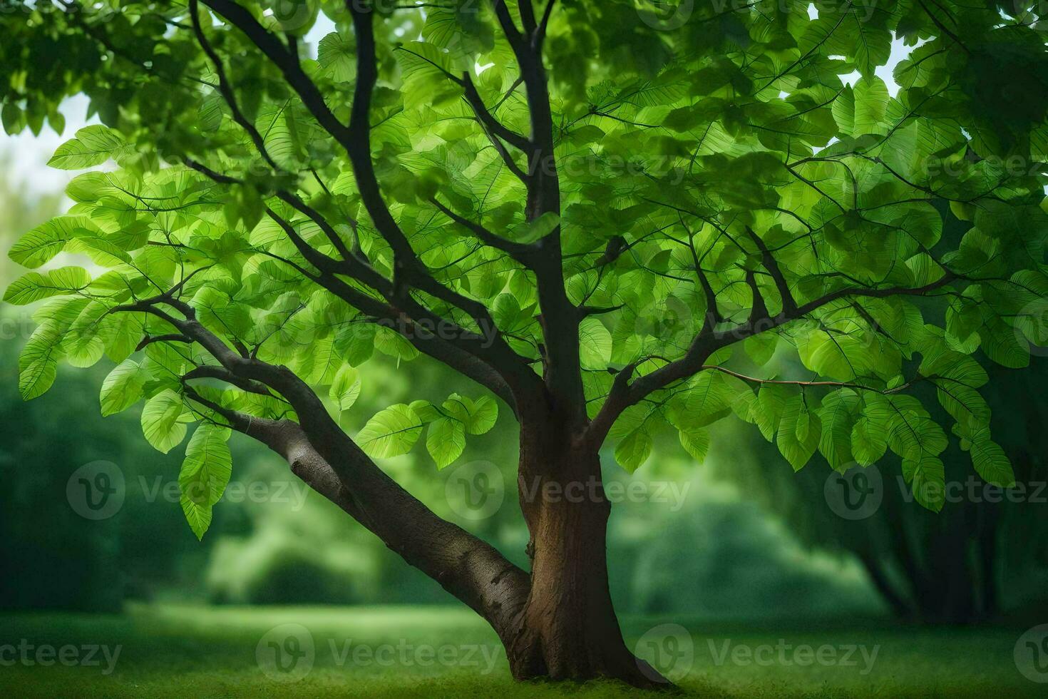 a tree in the middle of a green field. AI-Generated photo