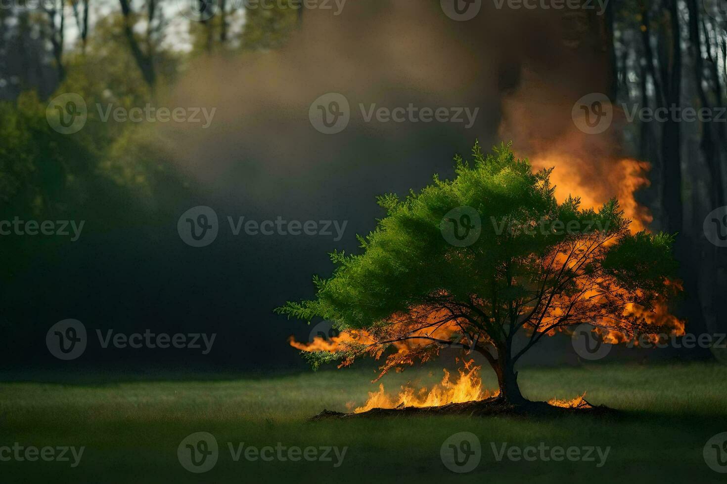 a tree is burning in the middle of a field. AI-Generated photo