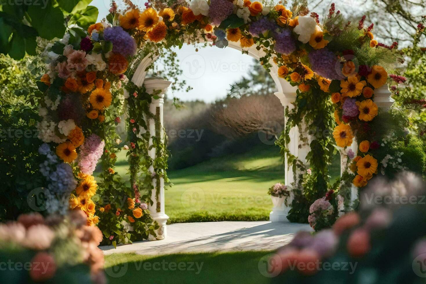 an archway with flowers and greenery. AI-Generated photo