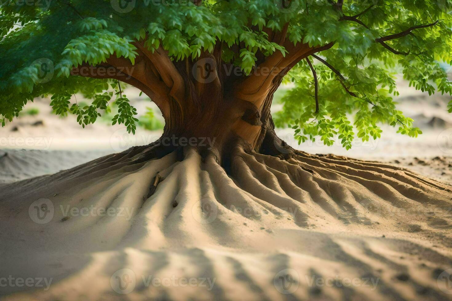 a tree with roots in the sand. AI-Generated photo