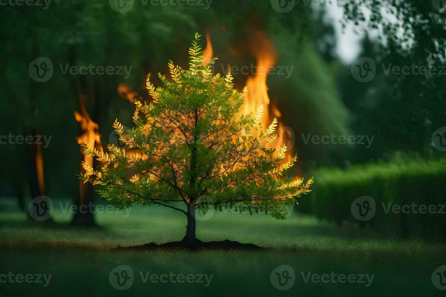a tree with flames coming out of it. AI-Generated photo