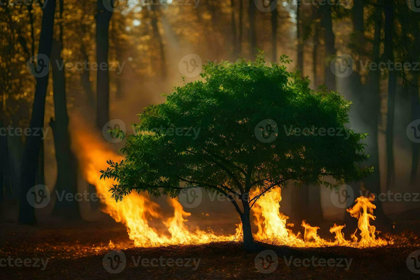 a tree is burning in the forest. AI-Generated photo
