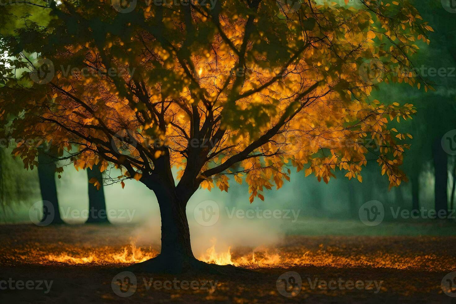 a tree in the middle of a forest with smoke coming out of it. AI-Generated photo