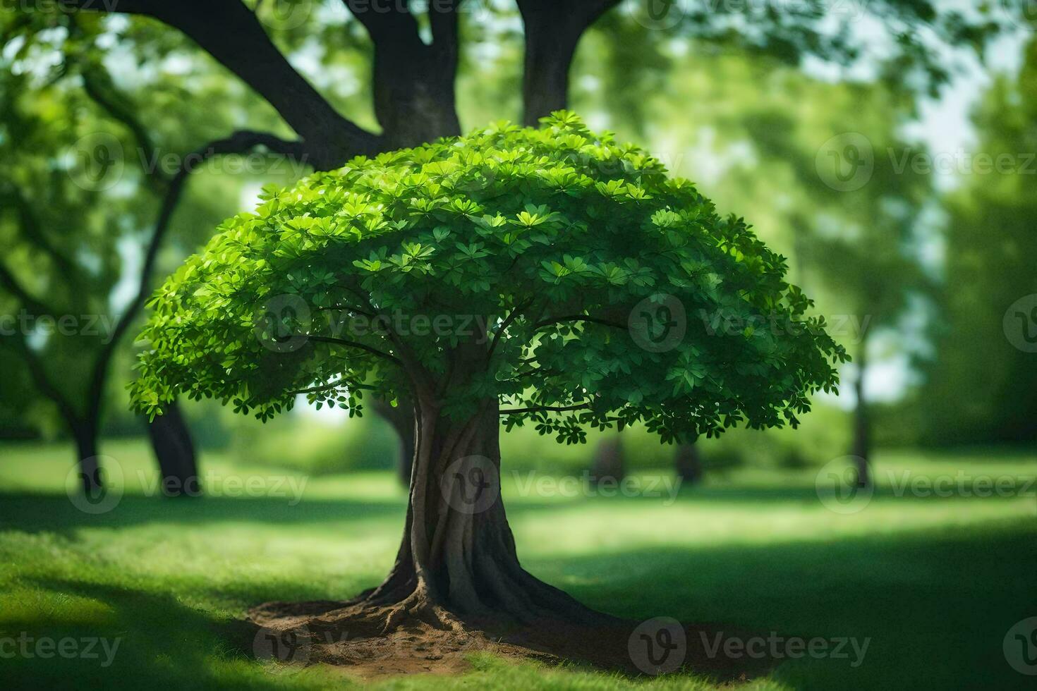 a tree in the middle of a green field. AI-Generated photo