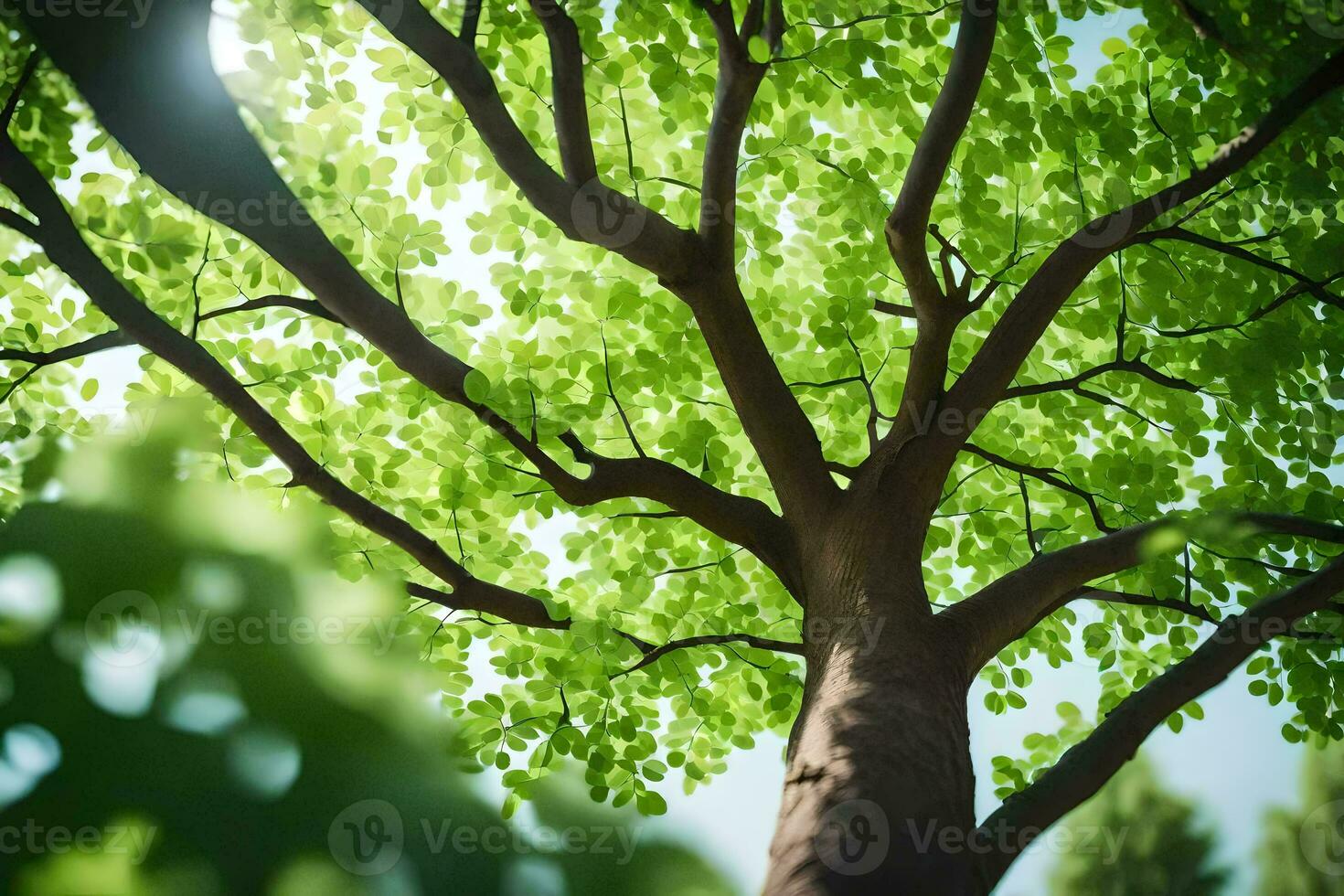 a tree with green leaves and sunlight shining through. AI-Generated photo