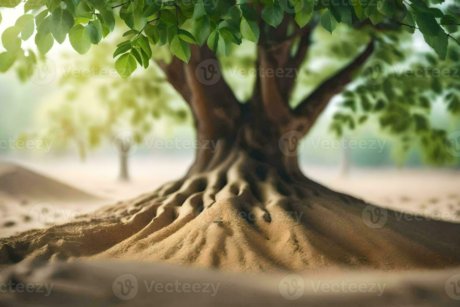 a tree with roots growing out of the sand. AI-Generated photo