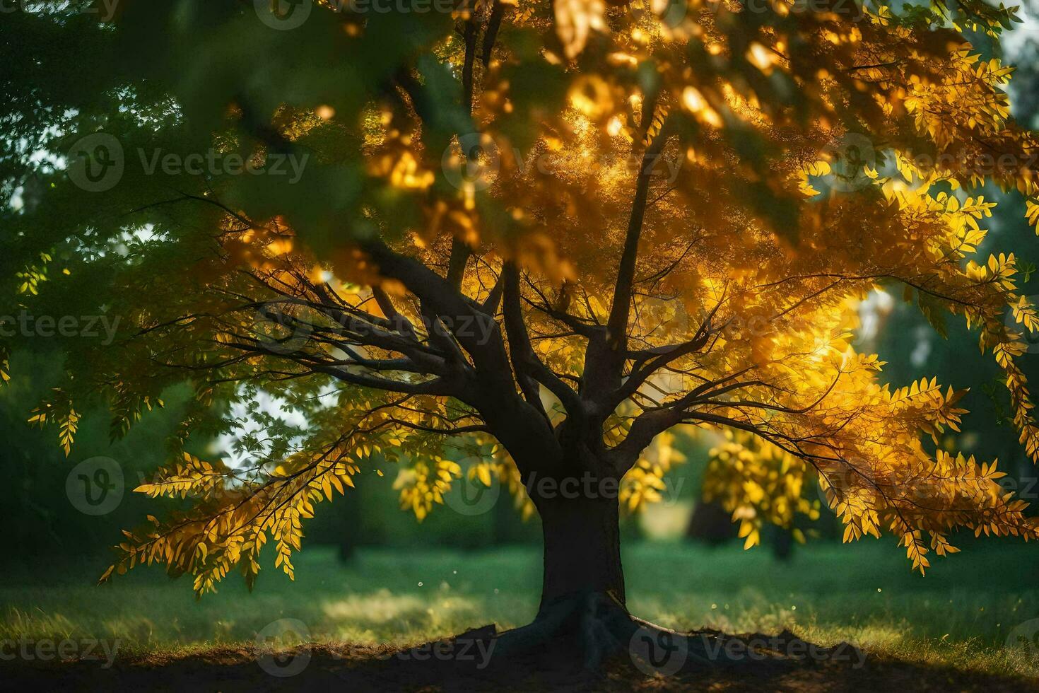 a tree with yellow leaves in the sun. AI-Generated photo
