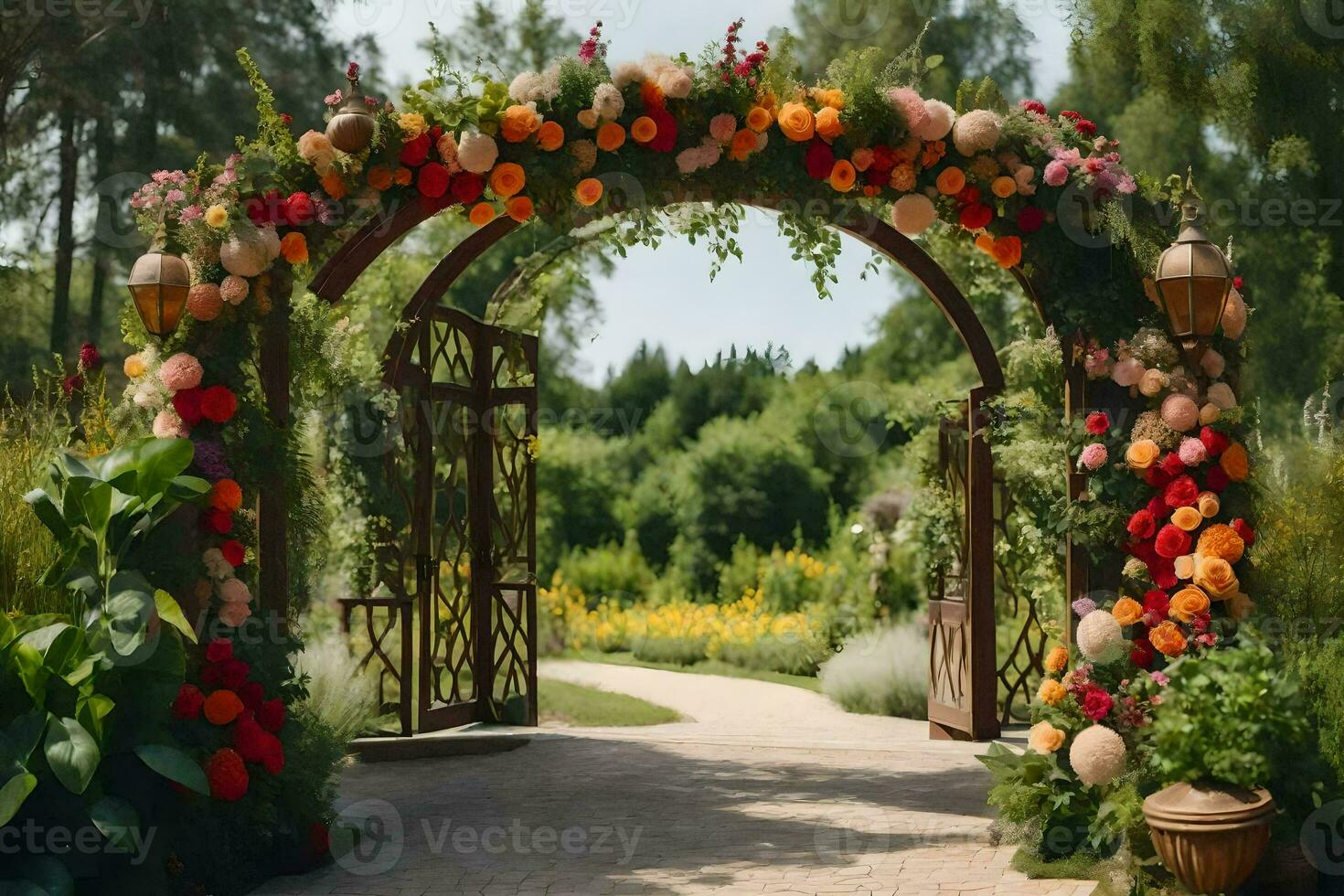 an archway with flowers and greenery. AI-Generated photo