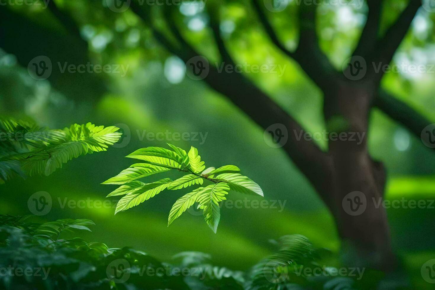 a green tree with leaves in the foreground. AI-Generated photo