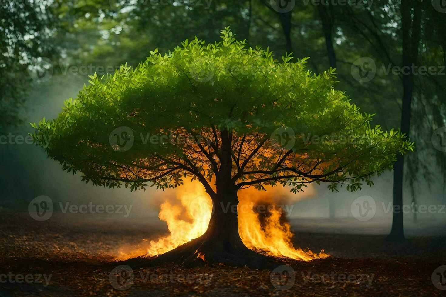 a tree with flames coming out of it in the middle of a forest. AI-Generated photo