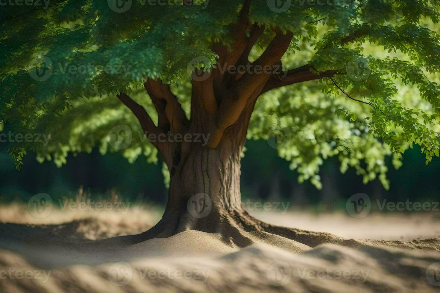 un árbol es mostrado en el medio de un campo. generado por ai foto