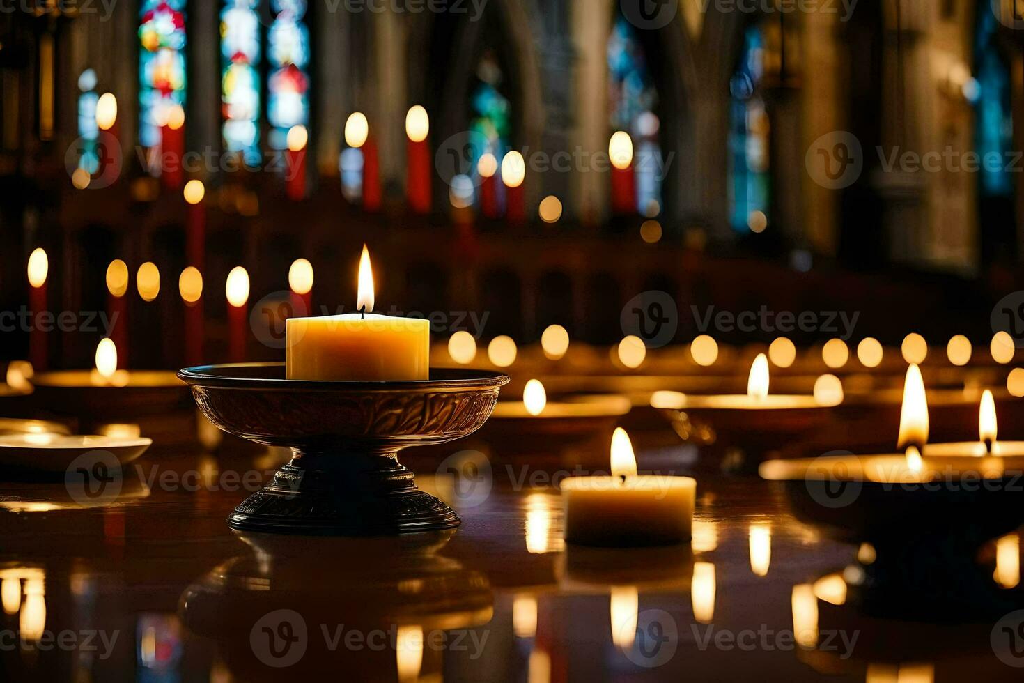 candles are lit in a church with candles in the background. AI-Generated photo