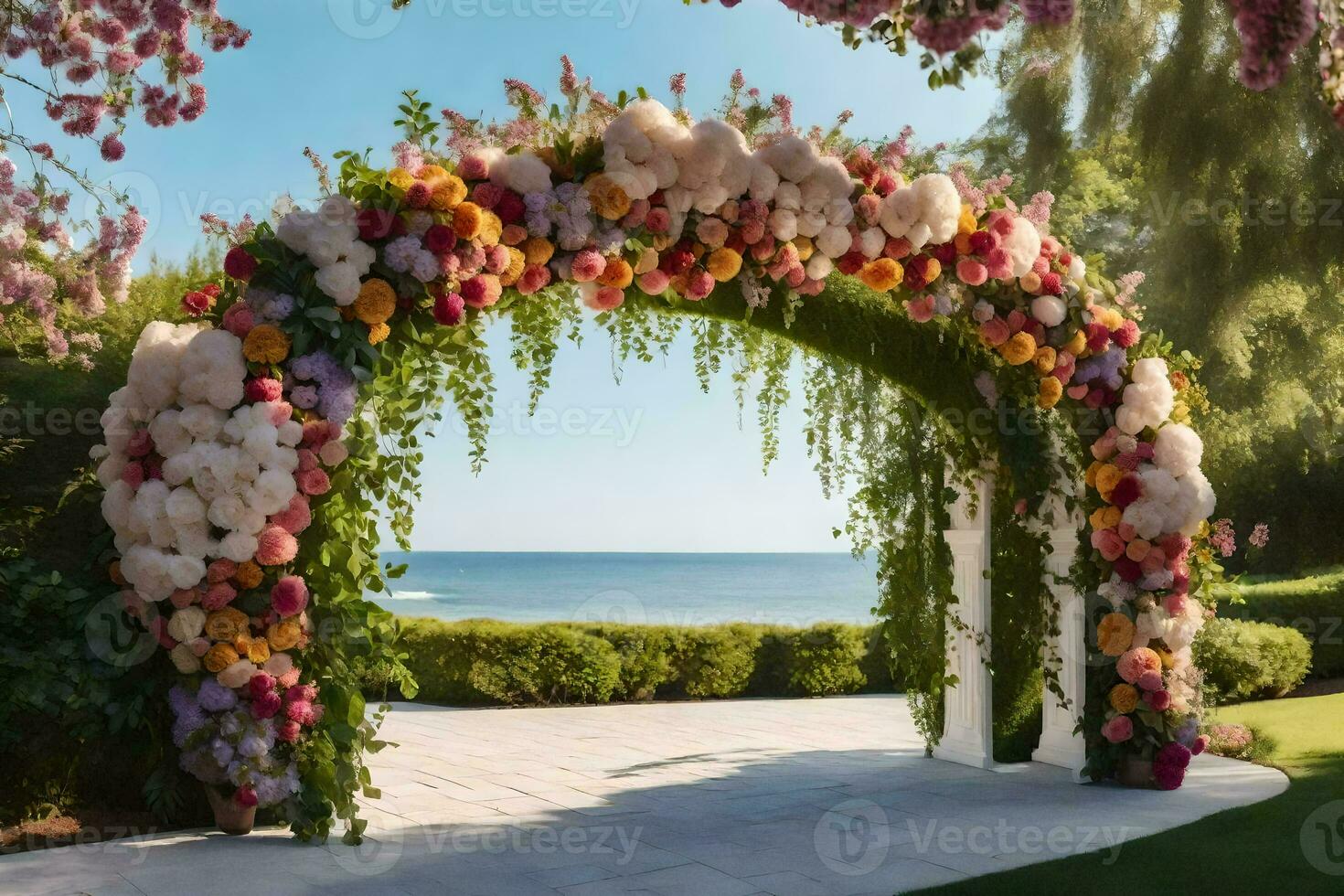 an archway with flowers on it by the ocean. AI-Generated photo