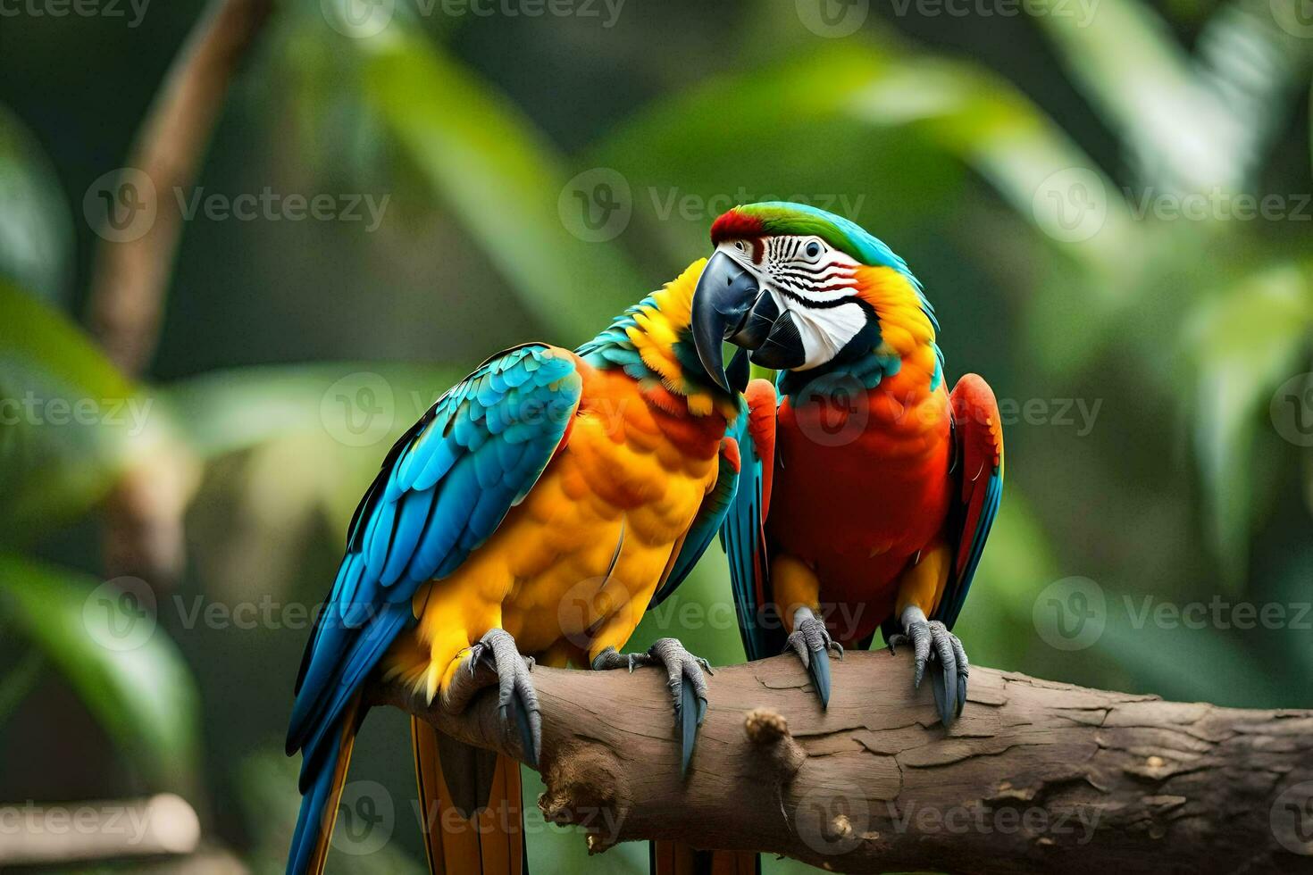 two colorful parrots sitting on a branch. AI-Generated photo