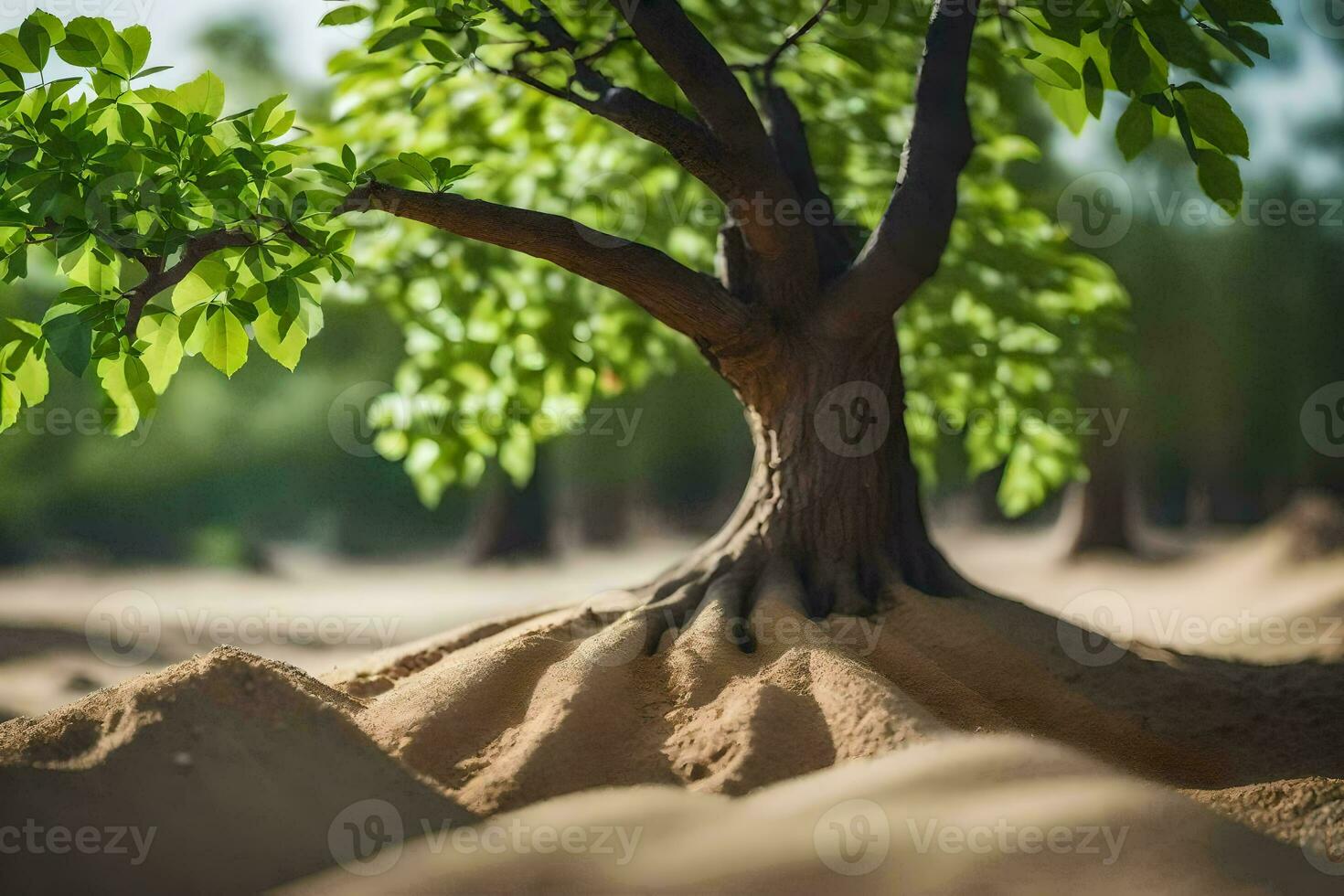 a tree growing out of the sand in the desert. AI-Generated photo