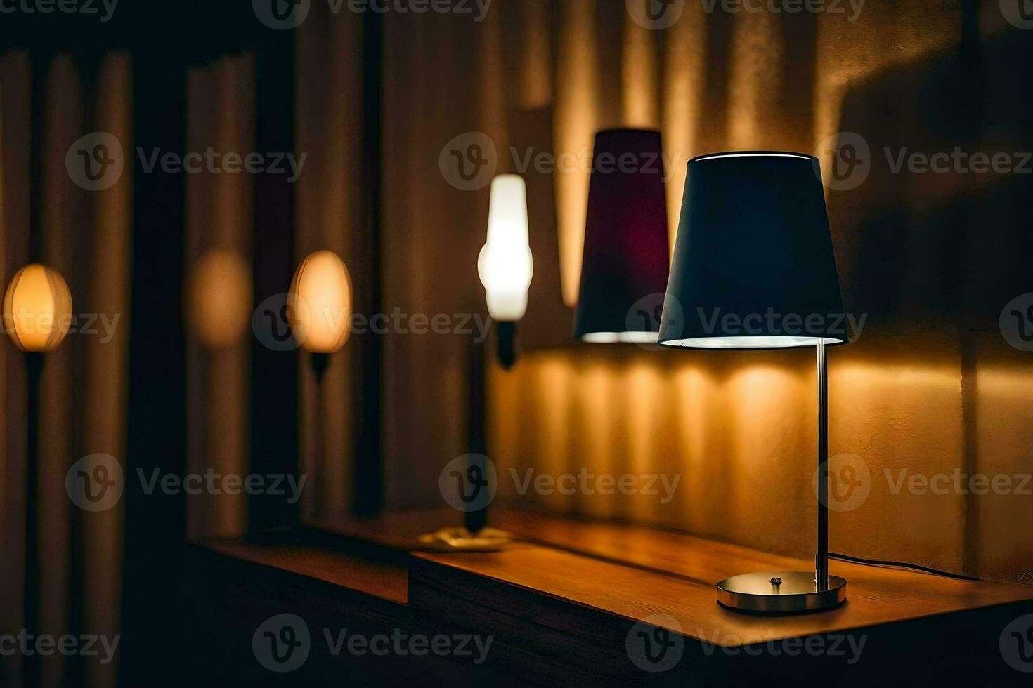 three lamps are on a table in a dark room. AI-Generated photo