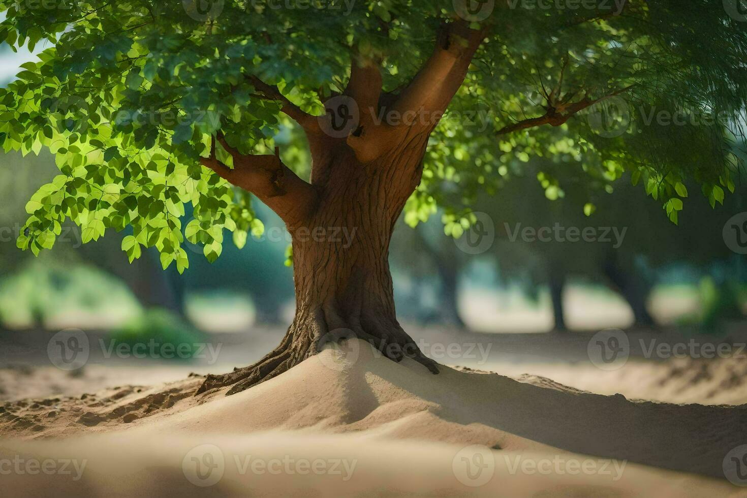 a tree in the desert with sand and trees. AI-Generated photo