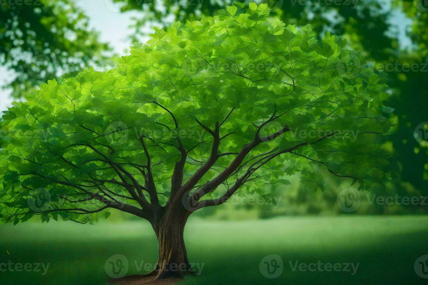 un árbol es mostrado en un verde campo. generado por ai foto