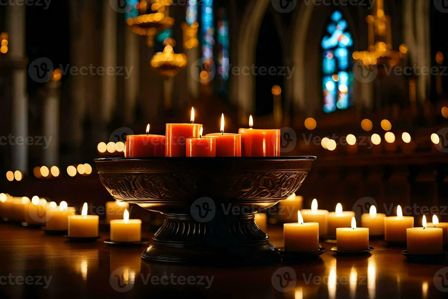 candles in a church with candles lit in the background. AI-Generated photo