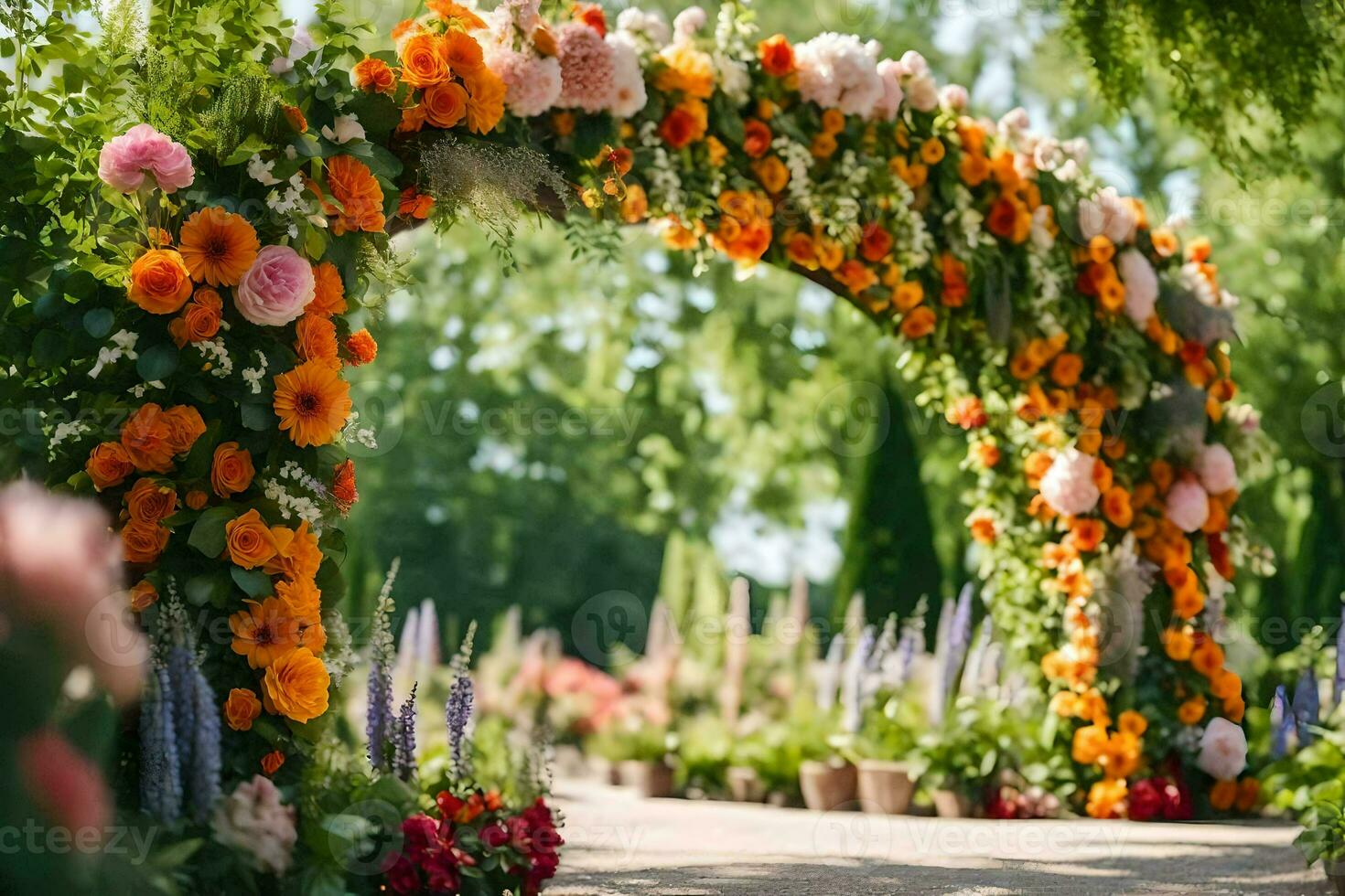 an archway with flowers and plants in the garden. AI-Generated photo