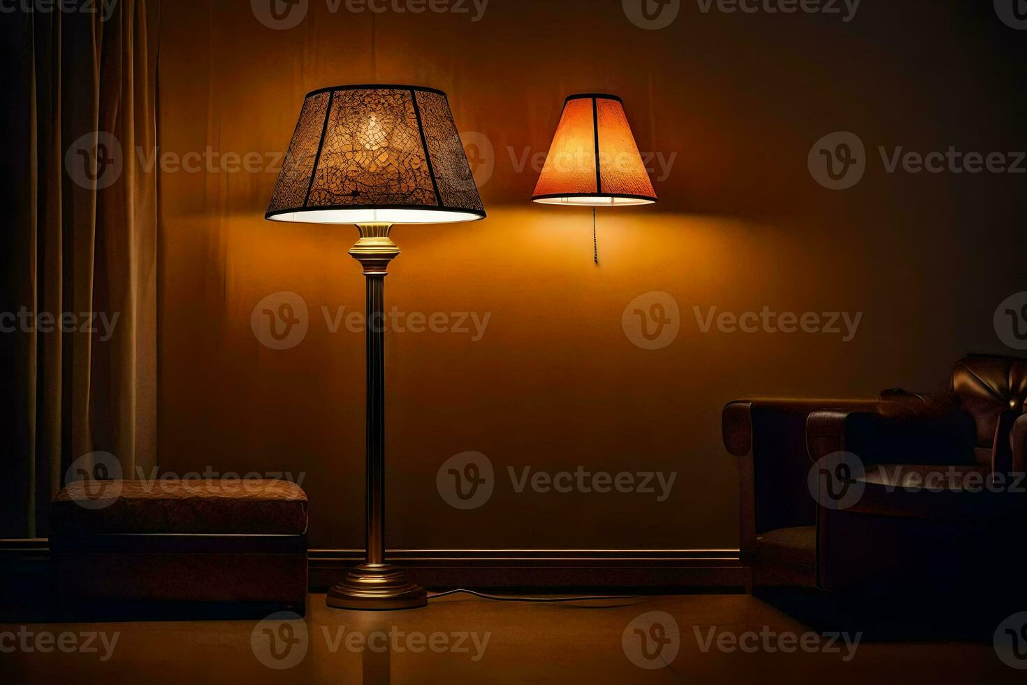 a lamp and a chair in a dark room. AI-Generated photo