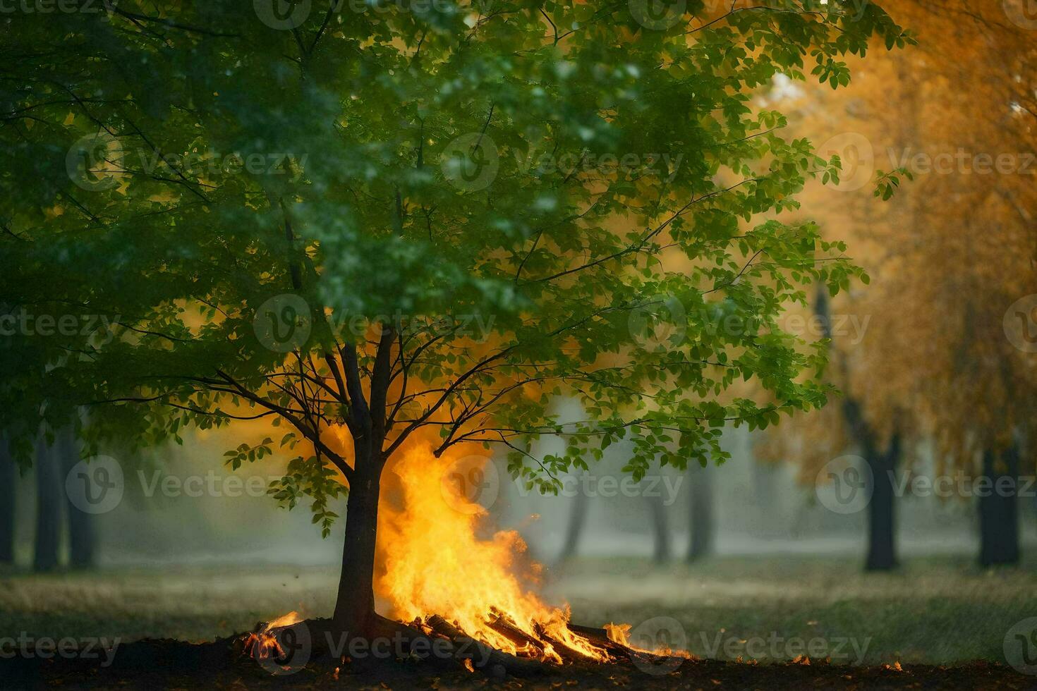 a tree is burning in the middle of a field. AI-Generated photo