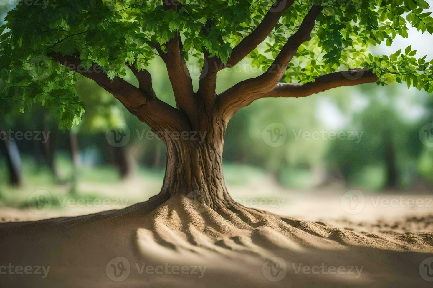 a tree with roots in the sand. AI-Generated photo