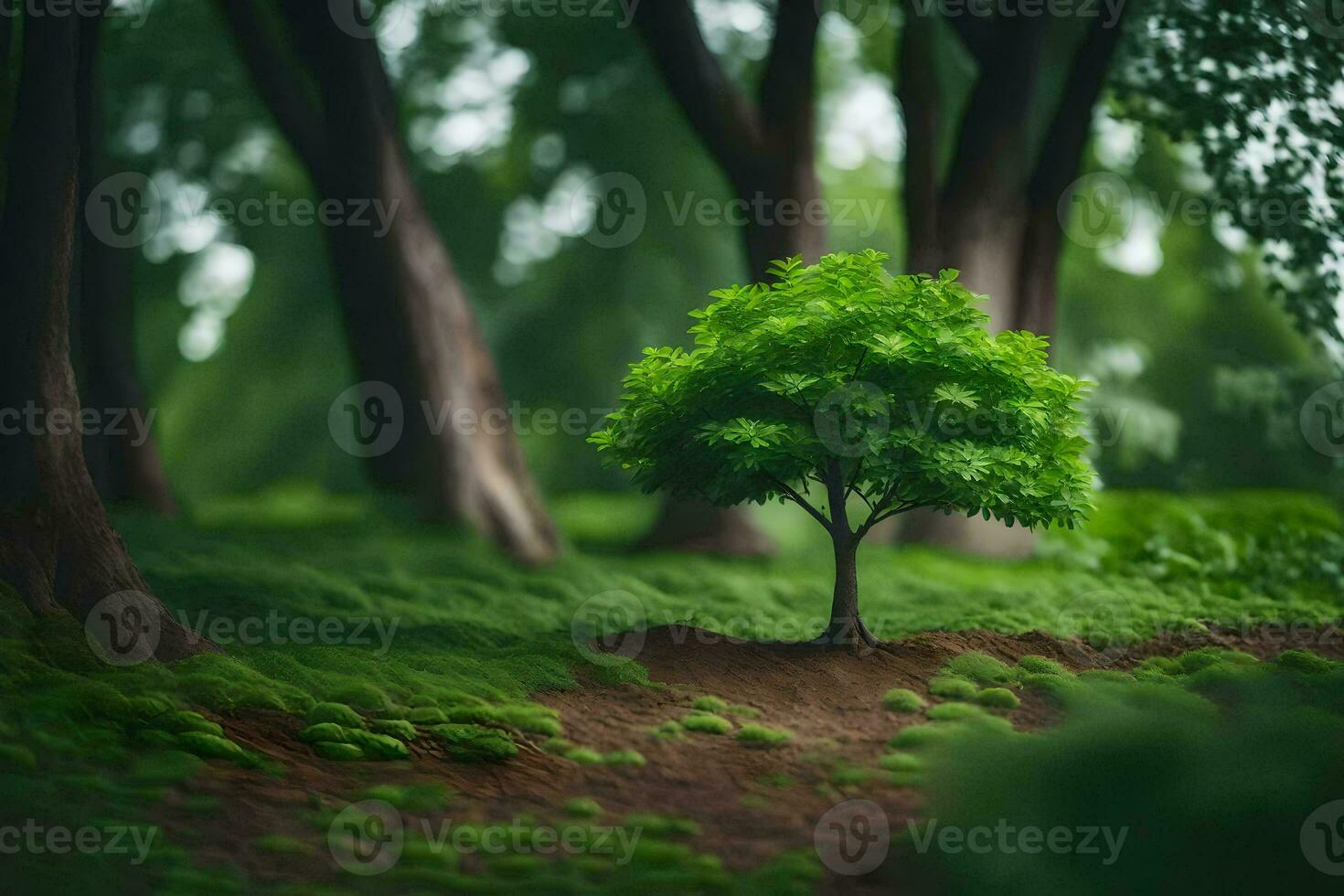 a small tree is standing in the middle of a forest. AI-Generated photo