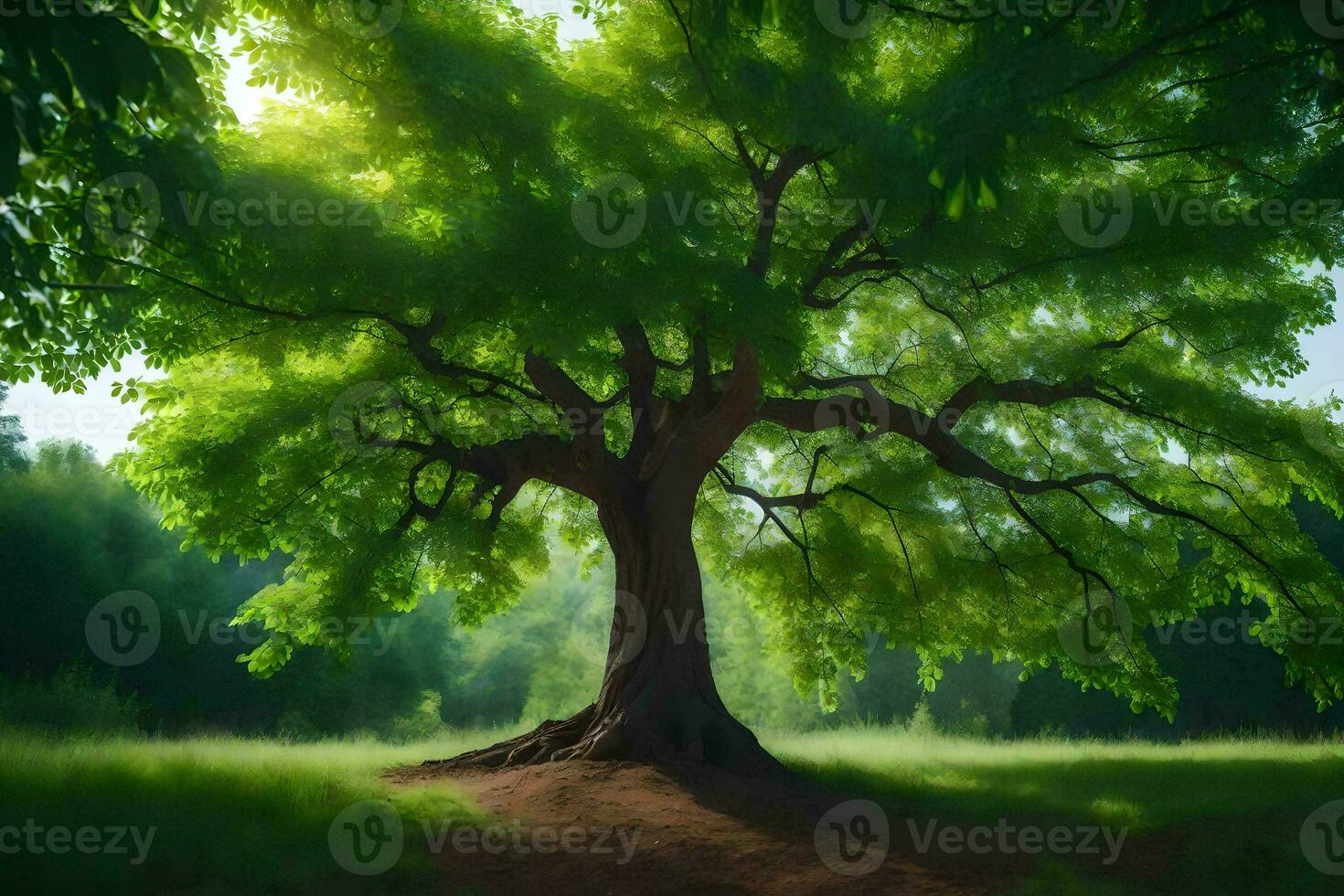 a large tree in the middle of a field. AI-Generated photo