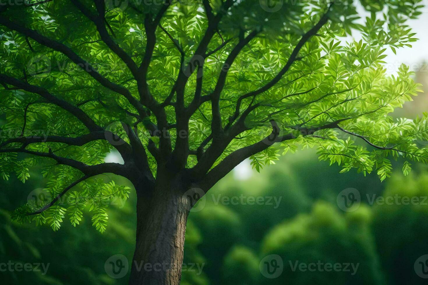 a tree in the middle of a green field. AI-Generated photo