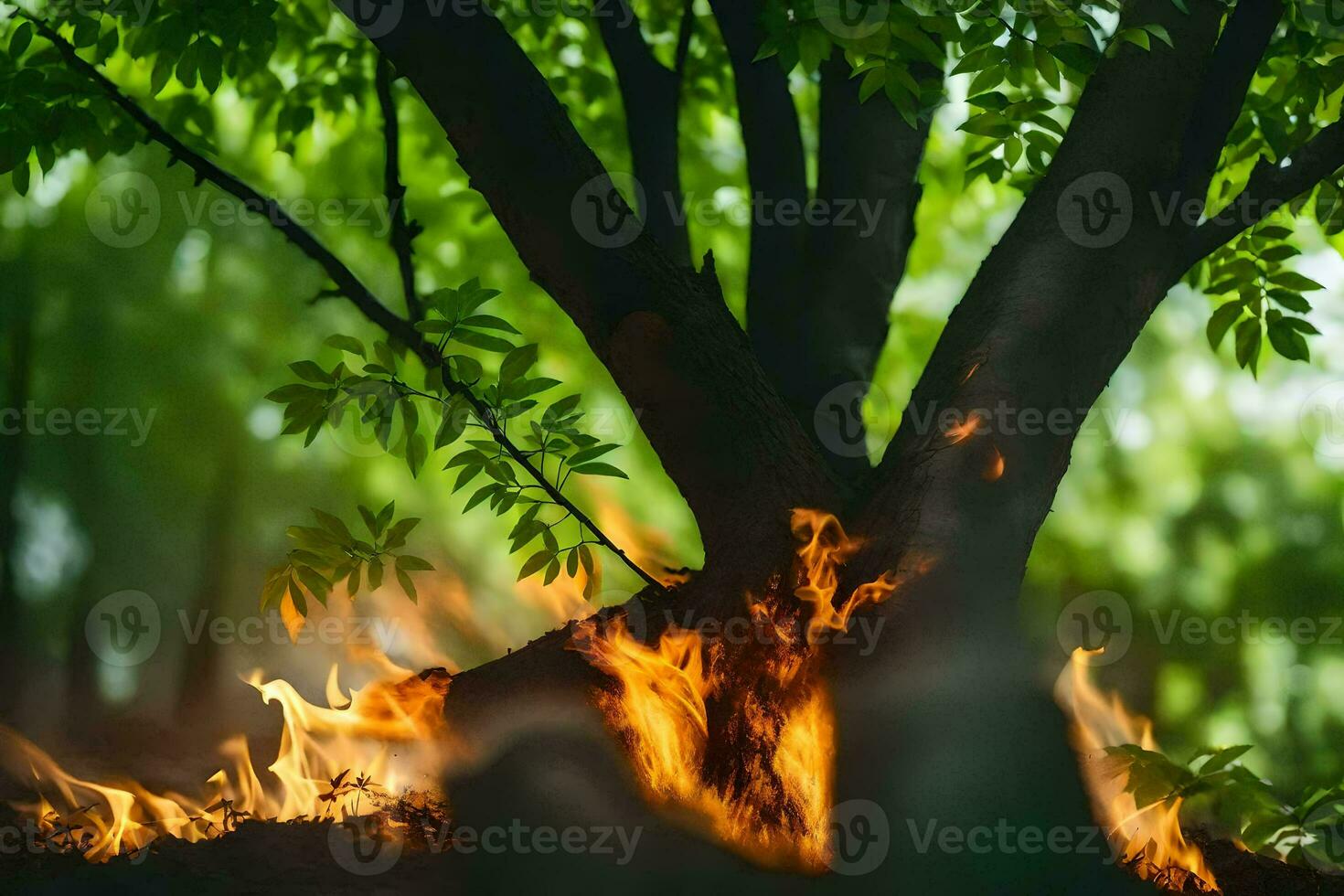 a tree with flames coming from it. AI-Generated photo