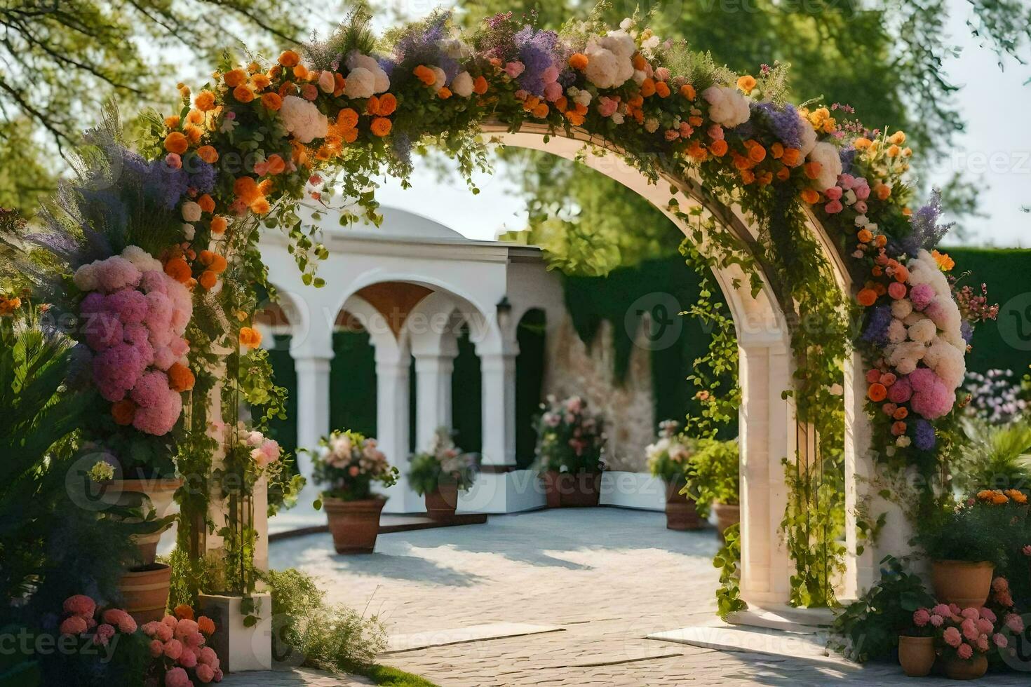 an archway with flowers and potted plants. AI-Generated photo