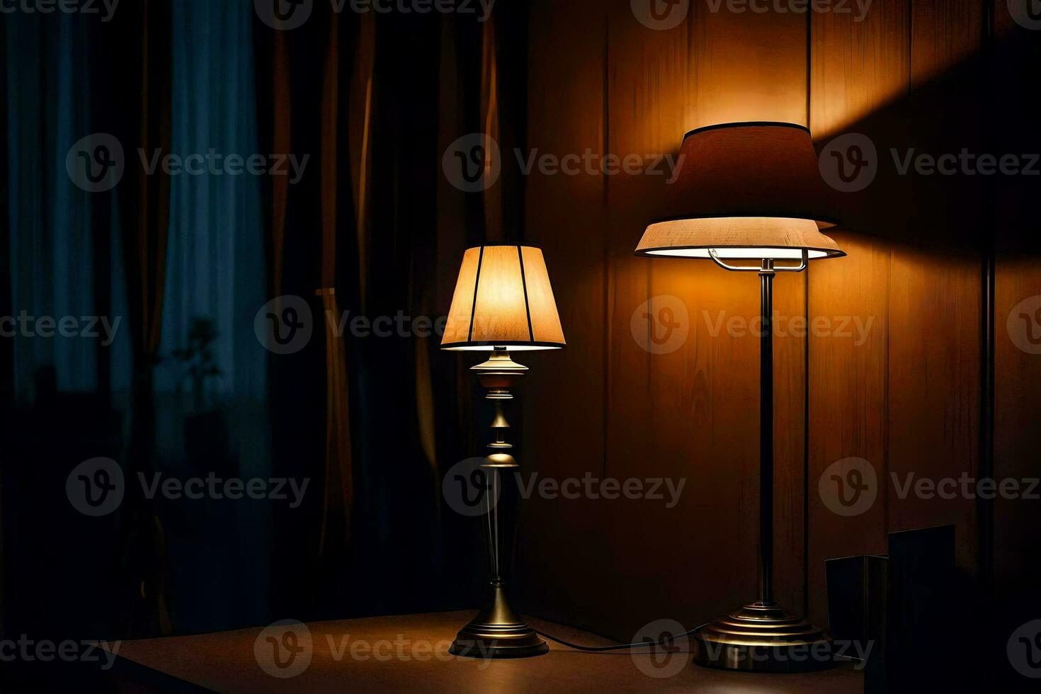two lamps on a table in front of a wall. AI-Generated photo
