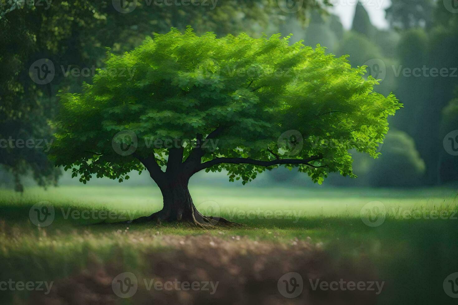 a tree in the middle of a field. AI-Generated photo