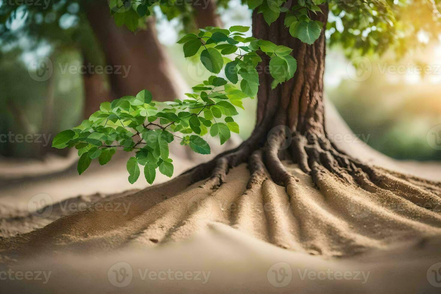 a tree with roots growing out of the sand. AI-Generated photo