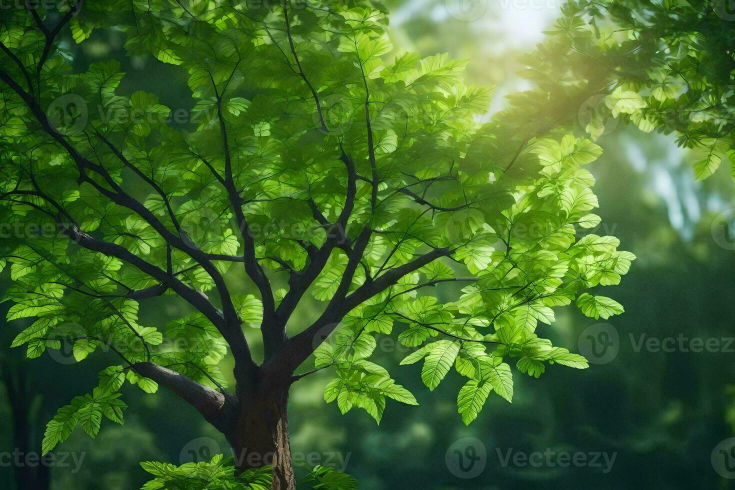 a tree with green leaves in the sunlight. AI-Generated photo